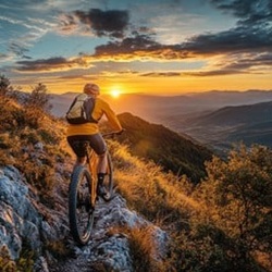 Person biking in a mountain range with a sunset in the background